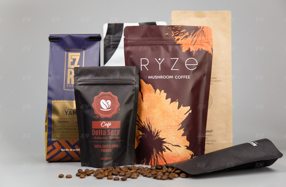 कॉफी बीन्स खाद्य पैकेजिंग के लिए साइड जिपर के साथ अनुकूलित स्टैंड पाउच वाल्व कॉफी बैग: